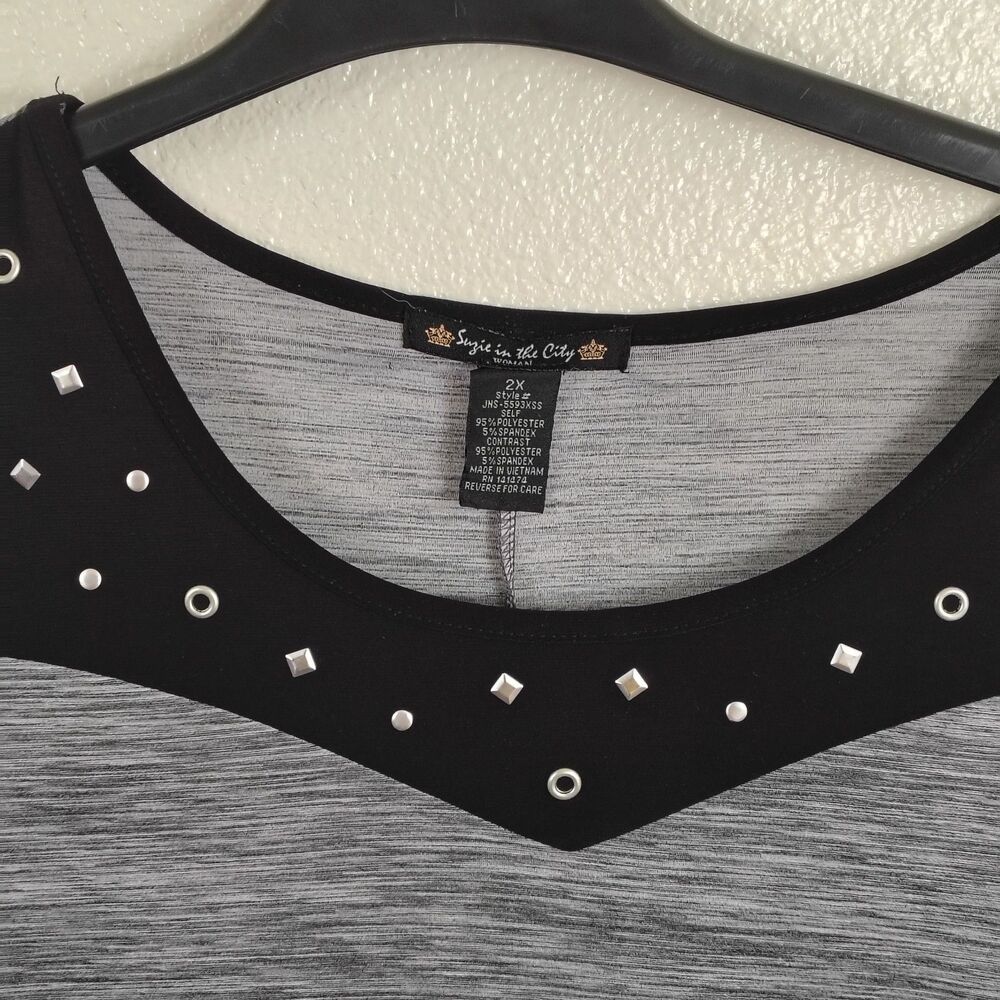 Suzie in the City Womens 2X Top Gray Space Dye Studded Embellished 3/4 Sleeve - Picture 3 of 7